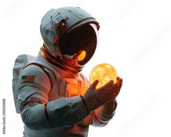 Obraz A full-body image of an astronaut holding a small, sun-like orb in their hands, with light shining on them, isolated on a transparent background.