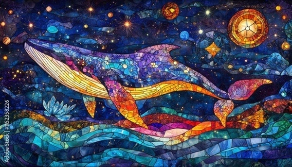 Fototapeta A vibrant mosaic artwork of a whale swimming through a starry ocean, featuring colorful tiles and cosmic elements.