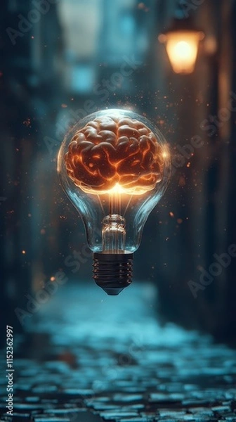 Fototapeta A glowing brain inside a floating light bulb illuminates a cobblestone alley, merging themes of creativity and intellect in a surreal atmosphere.