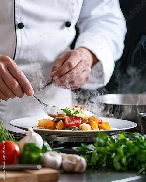 Fototapeta A chef in a professional kitchen plating a gourmet Gourmet plating in a professional kitchen Chef crafting culinary perfection Fine dining creation by expert chef