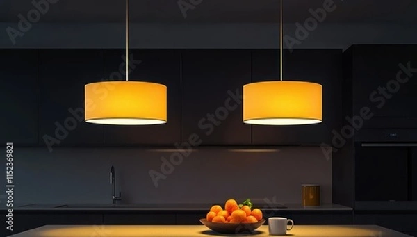 Obraz A modern kitchen at night with two hanging light fixtures one yellow and one white casting a warm glow The