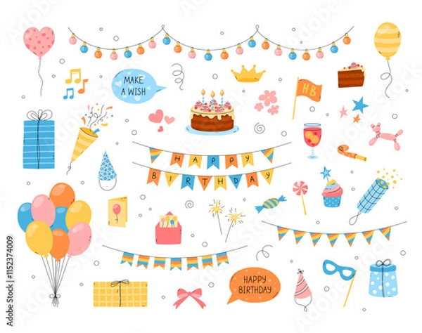 Fototapeta Birthday vector elements set. Funny flat colorful hand drawn kid bday design objects isolated. Cute birthday cake, party hat, cracker, balloons, gift boxes. Joyful childish illustrations collection