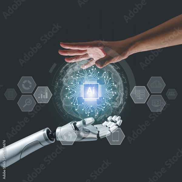 Fototapeta Chat with AI or artificial intelligence technology. Businessman hand connect to intelligent AI using chat bot or innovative technology developed by modern organizations.