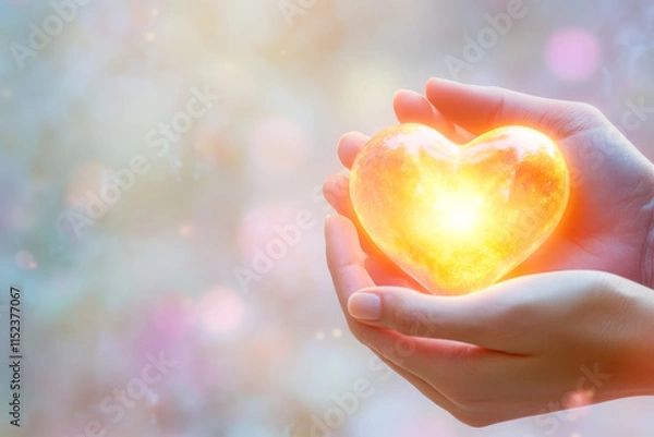 Fototapeta Glowing heart in female hands signifying love and warmth