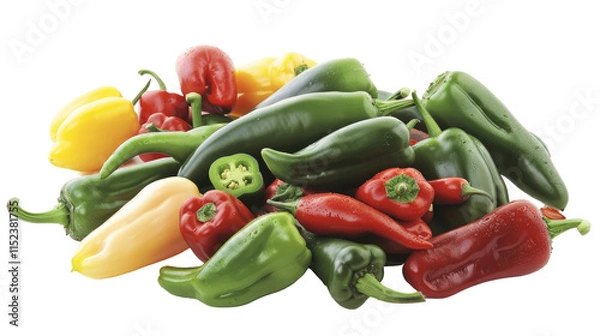Fototapeta  A colorful mix of fresh peppers, including jalapeños, bell peppers, and chili peppers, creates a visually appealing and appetizing display.