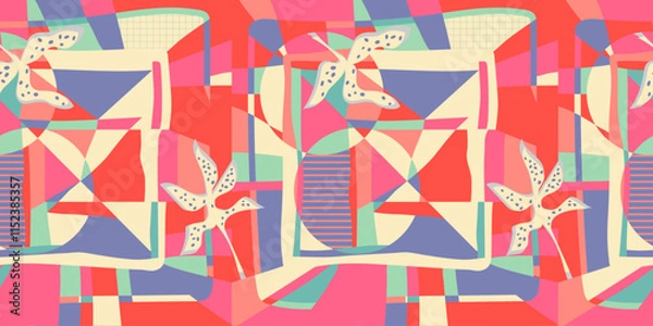 Obraz Creative collage modern abstract tropical floral seamless pattern with geometric colorful shapes