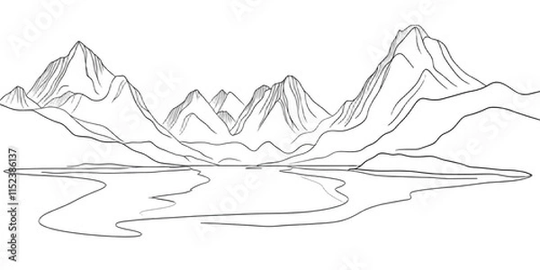 Fototapeta Continuous one line drawing mountain landscape. Panorama of high mountains and mountain river. Nature. One continuous line isolated minimal illustration.