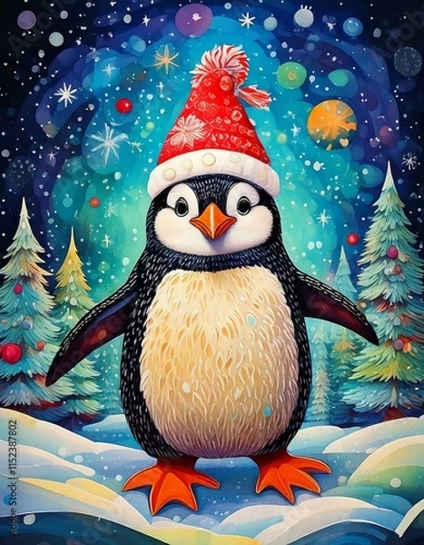 Obraz A Bubbly penguin with a Christmas hat on dancing in the snow
