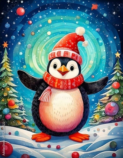 Obraz A Bubbly penguin with a Christmas hat on dancing in the snow