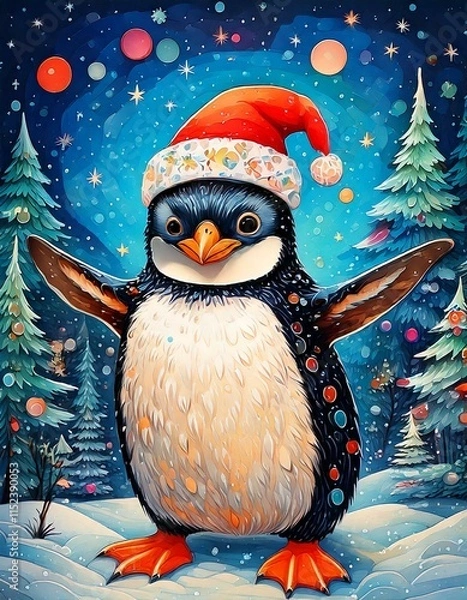 Obraz A Bubbly penguin with a Christmas hat on dancing in the snow