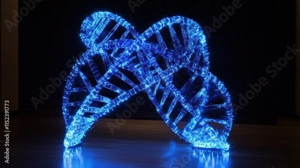 Fototapeta Glowing blue double helix DNA model on dark floor.