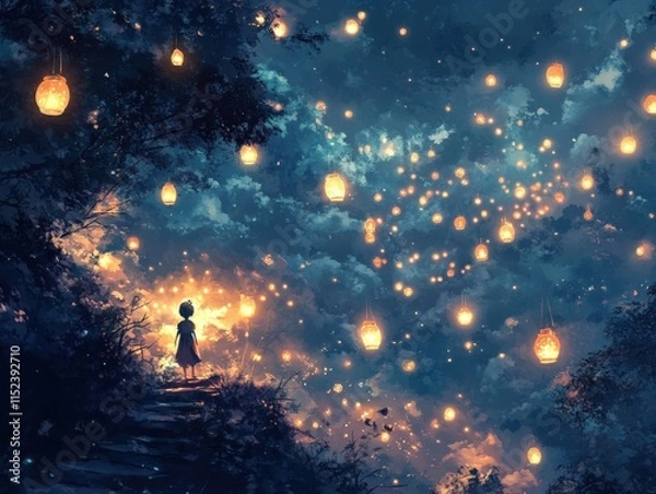 Fototapeta a child standing under many lit lanterns in the night