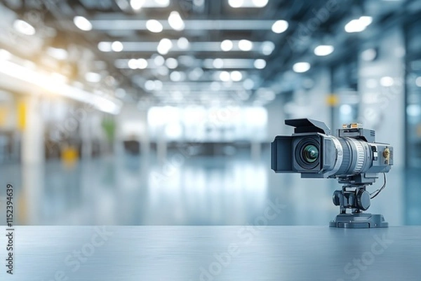 Obraz Camera positioned on table with blurred industrial background, s