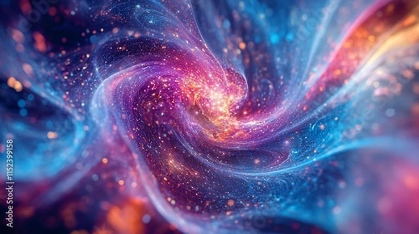 Fototapeta Abstract swirling nebula with vibrant colors and sparkling particles.