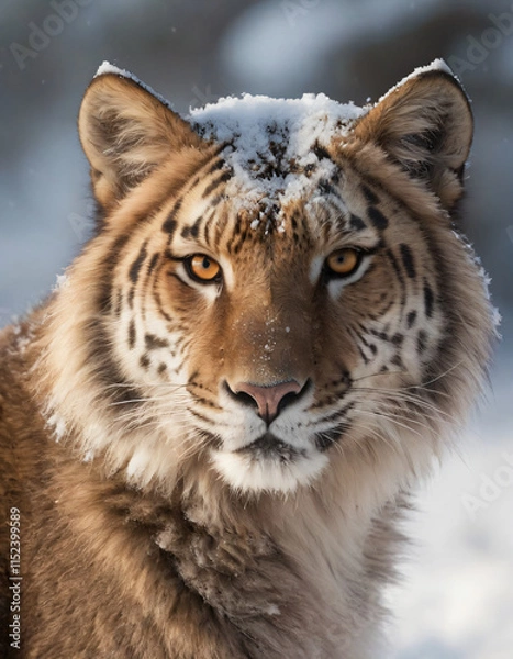 Fototapeta portrait of wild animals in snow, like tigers, lynxes, and wolves.