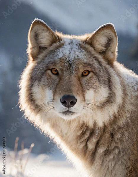 Fototapeta portrait of wild animals in snow, like tigers, lynxes, and wolves.