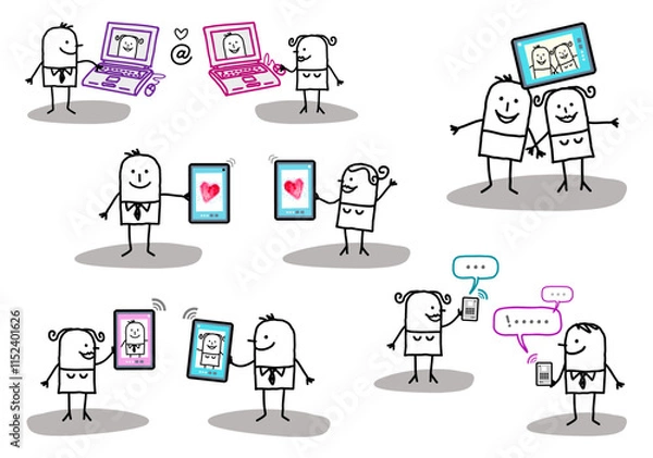 Obraz Set of 5 illustrations - Hand drawn cartoon stick characters - Couples meeting, dating - communication and love with internet