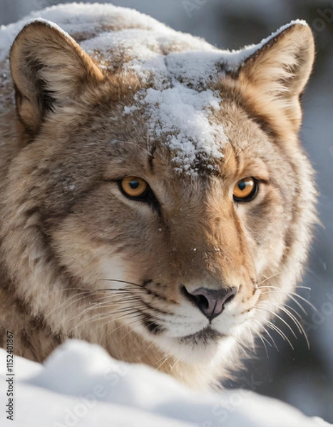 Obraz portrait of wild animals in snow, like tigers, lynxes, and wolves.