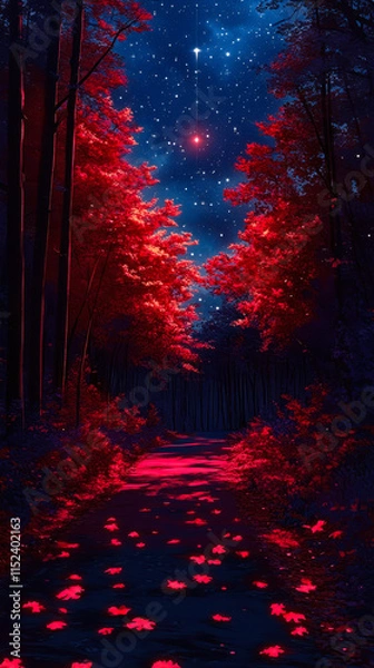 Fototapeta Enchanted Forest Path Under Starry Night With Red Moonlight Shadows in Autumn