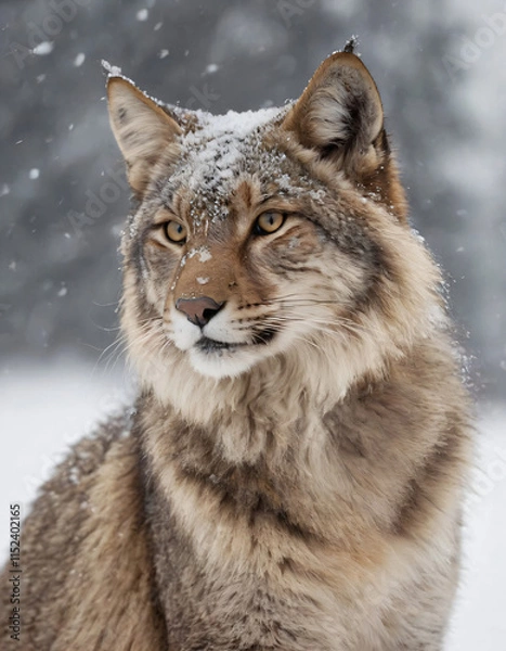 Fototapeta portrait of wild animals in snow, like tigers, lynxes, and wolves.