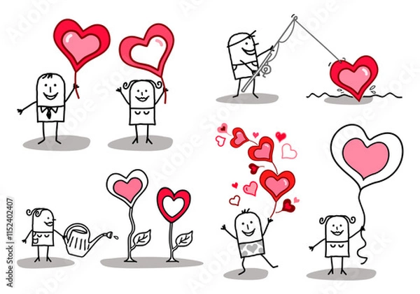 Obraz Set of 5 illustrations - Hand drawn cartoon stick characters - men and women with big hearts in different situations and concepts