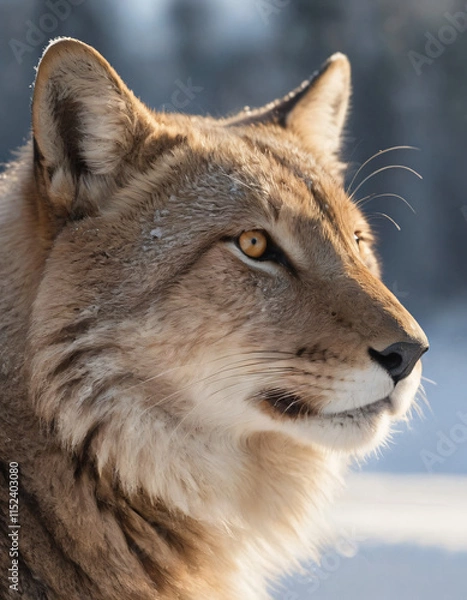 Fototapeta portrait of wild animals in snow, like tigers, lynxes, and wolves.