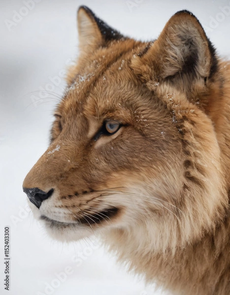 Fototapeta portrait of wild animals in snow, like tigers, lynxes, and wolves.