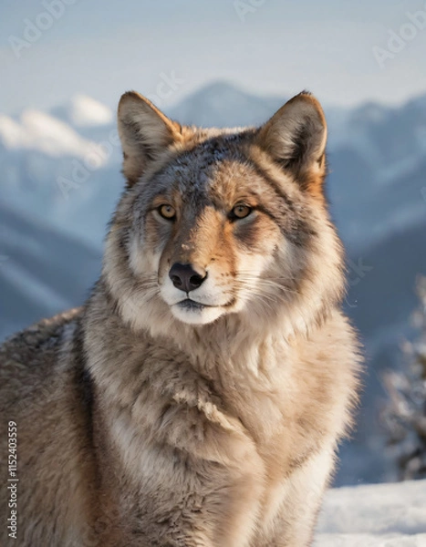 Fototapeta portrait of wild animals in snow, like tigers, lynxes, and wolves.