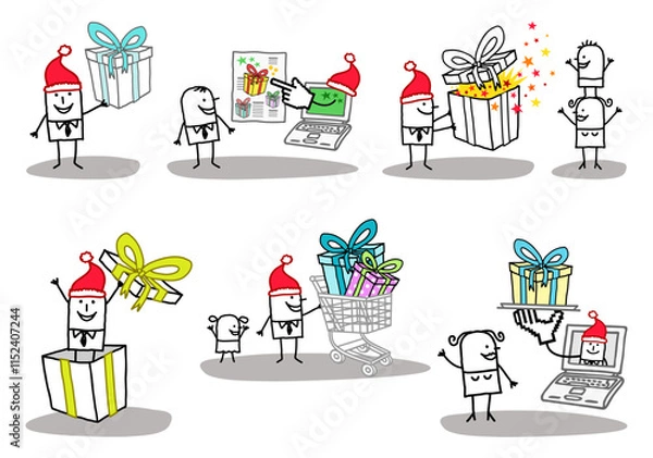 Obraz Set of six illustrations - Hand drawn cartoon stick characters shopping and offering big Gifts with ribbons, for Christmas time -