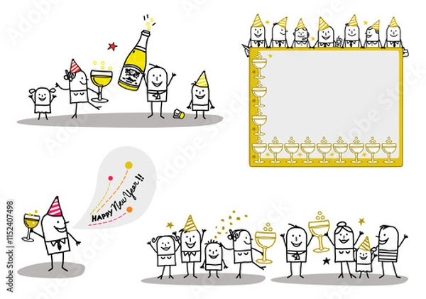 Fototapeta Set of four illustrations - Hand drawn cartoon stick characters celebrating New Year's Eve with champagne and funny hats