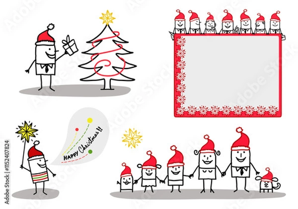 Obraz Set of four illustrations - Hand drawn cartoon stick characters celebrating Christmas with Santa red hats, Christmas tree and golden stars -