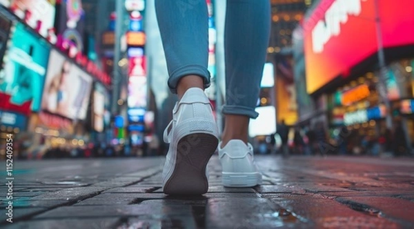 Obraz A woman's feet in white sneakers walking through a vibrant city at night. Bright lights and colorful billboards fill the background.