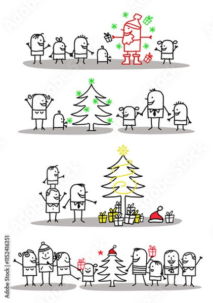 Obraz Set of four illustrations - Hand drawn cartoon stick characters celebrating Christmas with Santa, Christmas tree and gifts -