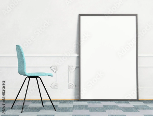 Obraz Mock up poster frame on white plaster wall with moldings and chair on blue tiled carpet; minimalist abstract interior scene with poster frame in portrait orientation; 3d rendering, 3d illustration	