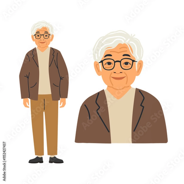 Obraz Asian senior cartoon character. Vector illustration of an elderly Asian man with a kind expression. He is wearing casual clothing with glasses.