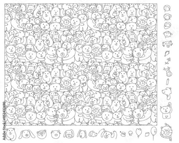 Obraz Find and color hidden objects in the picture. Bear group. Animal linear sketch vector illustration