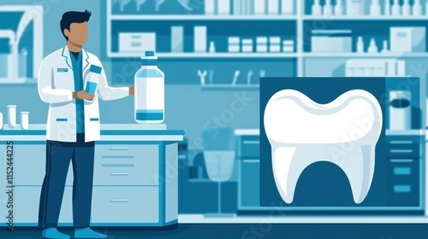 Fototapeta Dentist in Laboratory Holding Mouthwash with Tooth Model Display
