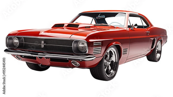 Fototapeta Side profile of a classic muscle car in metallic finish, a timeless symbol of American automotive heritage, studio view, isolated on transparent background.