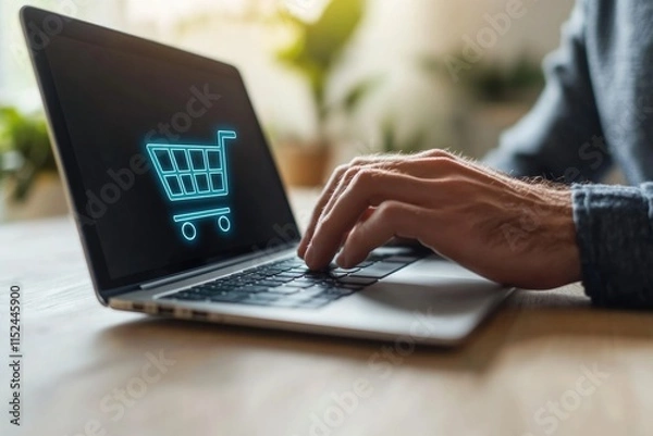 Obraz A person using their laptop to shop online, with a shopping cart icon displayed on the screen