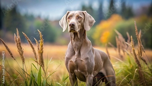 Fototapeta Weimaraner in hunting pose, focused and alert.