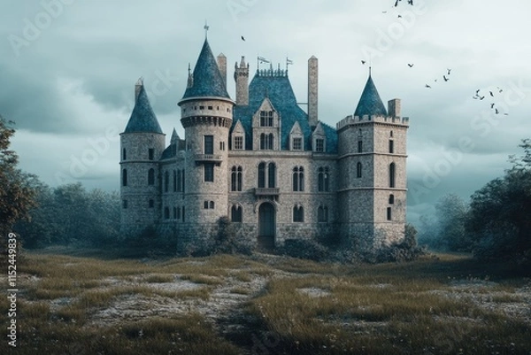 Obraz A medieval-style castle with numerous windows situated in a green open field