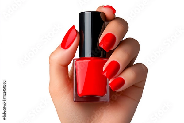 Obraz Bright red manicure showcases elegant style with matching nail polish bottle in a clean, minimalist setting