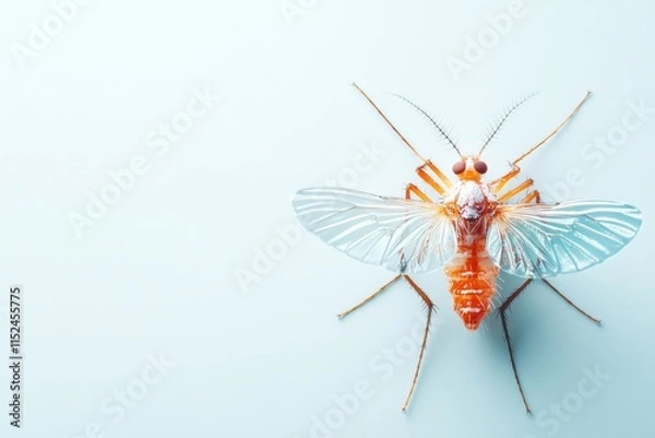 Fototapeta Brightly colored insect with transparent wings resting on a light background