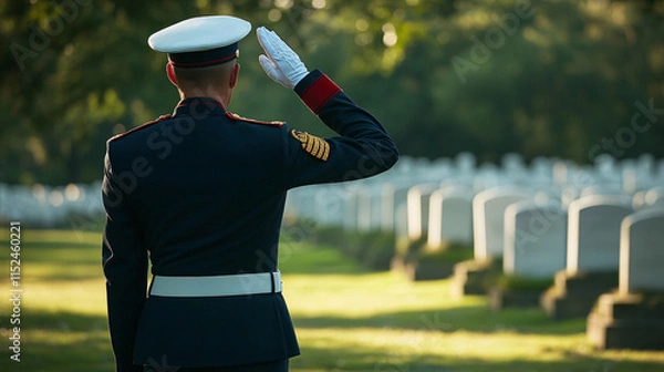 Obraz A soldier salutes in a serene military cemetery with white tombstones under soft sunlight amidst a tranquil setting
