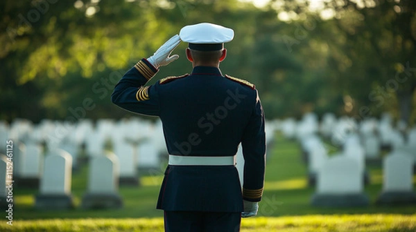 Obraz Soldier in formal uniform saluting toward a sunlit military cemetery with white tombstones in neat rows
