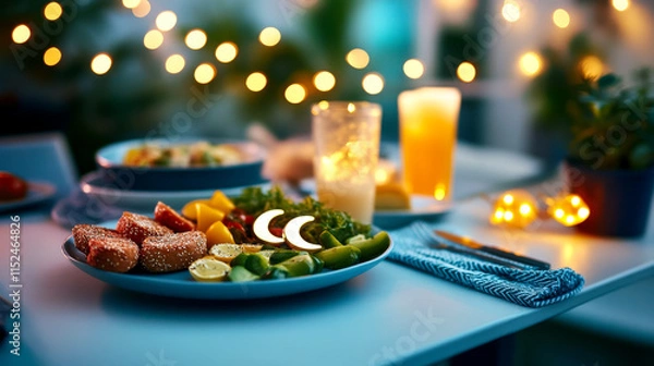 Fototapeta A beautifully arranged plate of colorful food with drinks, set against a backdrop of soft lights, creating a cozy dining atmosphere.