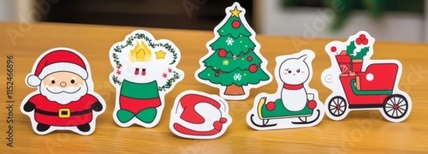 Fototapeta A delightful collection of Christmas stickers featuring winter and New Year elements like a Christmas tree, sleigh, Santa, snowman, and presents. These modern holiday illustrations are set against a