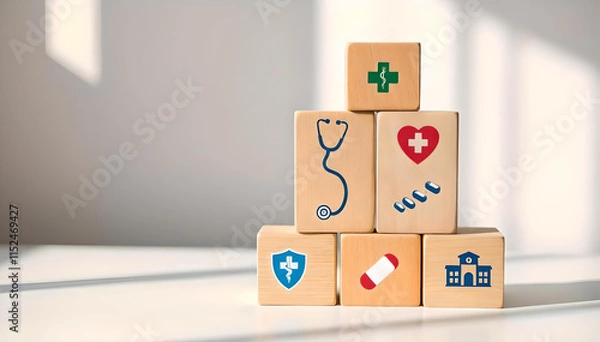 Fototapeta Wooden blocks illustrating health insurance, medical care, & medication concepts, emphasizing healthcare services and protection, showcasing vibrant & clear symbols for professional & personal use