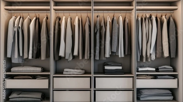 Fototapeta Organized modern closet with neatly arranged neutral-toned clothes.