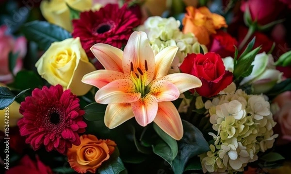 Fototapeta Close-up of assorted colorful flowers, including roses, lilies, and hydrangeas, with dark green leaves. Floral design for greeting card, invitation, postcard, banner.